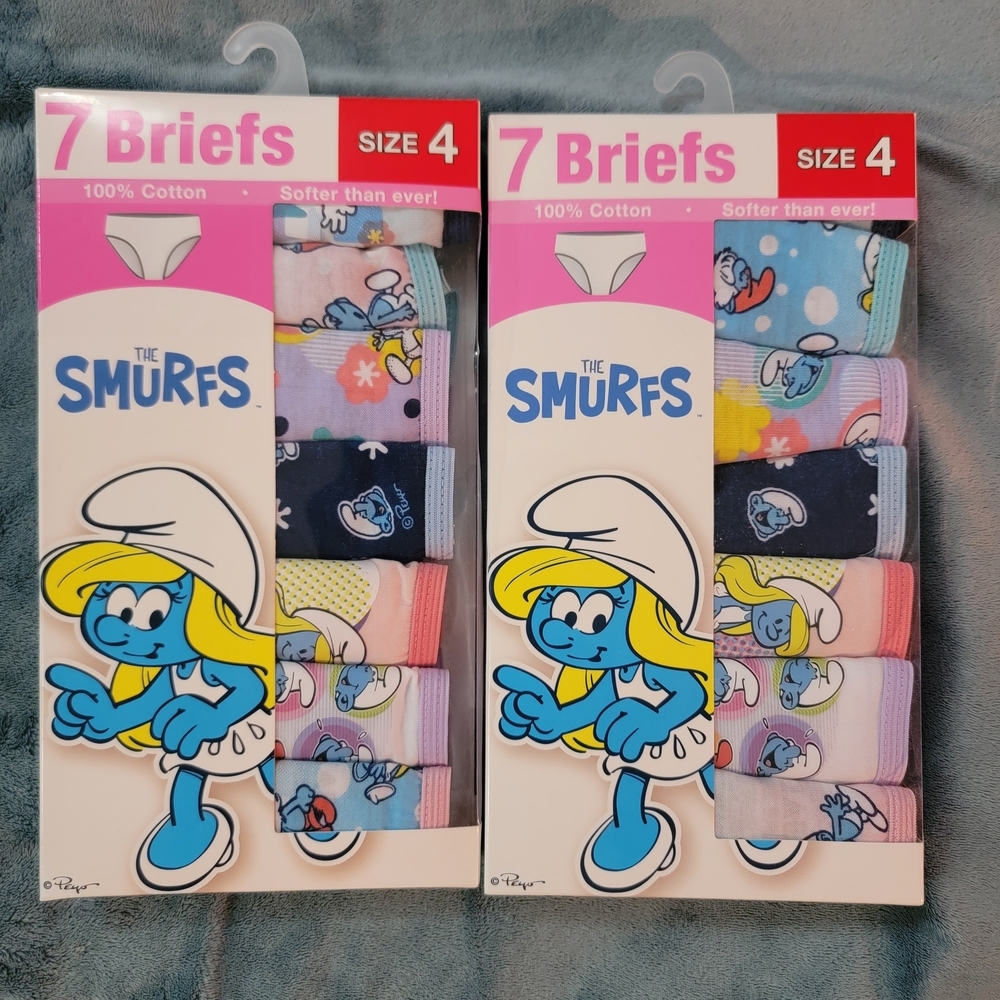 Girls Size 4 Briefs Set 7 X 2 Boxes- Blue, Pink, Purple Smurfs 14 Pairs